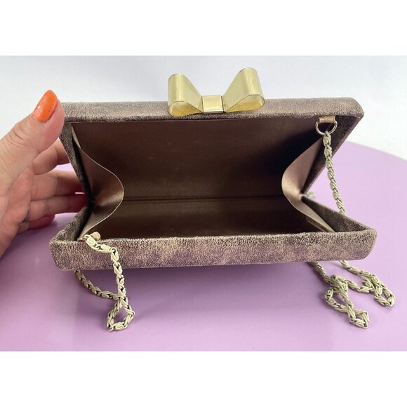 Vintage 80s hard shell clutch, gold tone purse, cross body, formal accessory - Picture 7 of 10